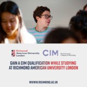 The image shows a classroom setting with focused students and promotional text for CIM qualification at СƵ American University London.