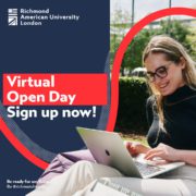 An advertisement for СƵ American University London's Virtual Open Day featuring a smiling person using a laptop, with a call-to-action to sign up now.
